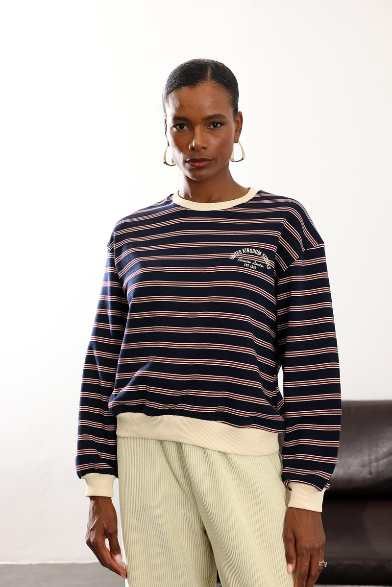 Lacivert Bordo Çizgili Kolej Sweatshirt 01119