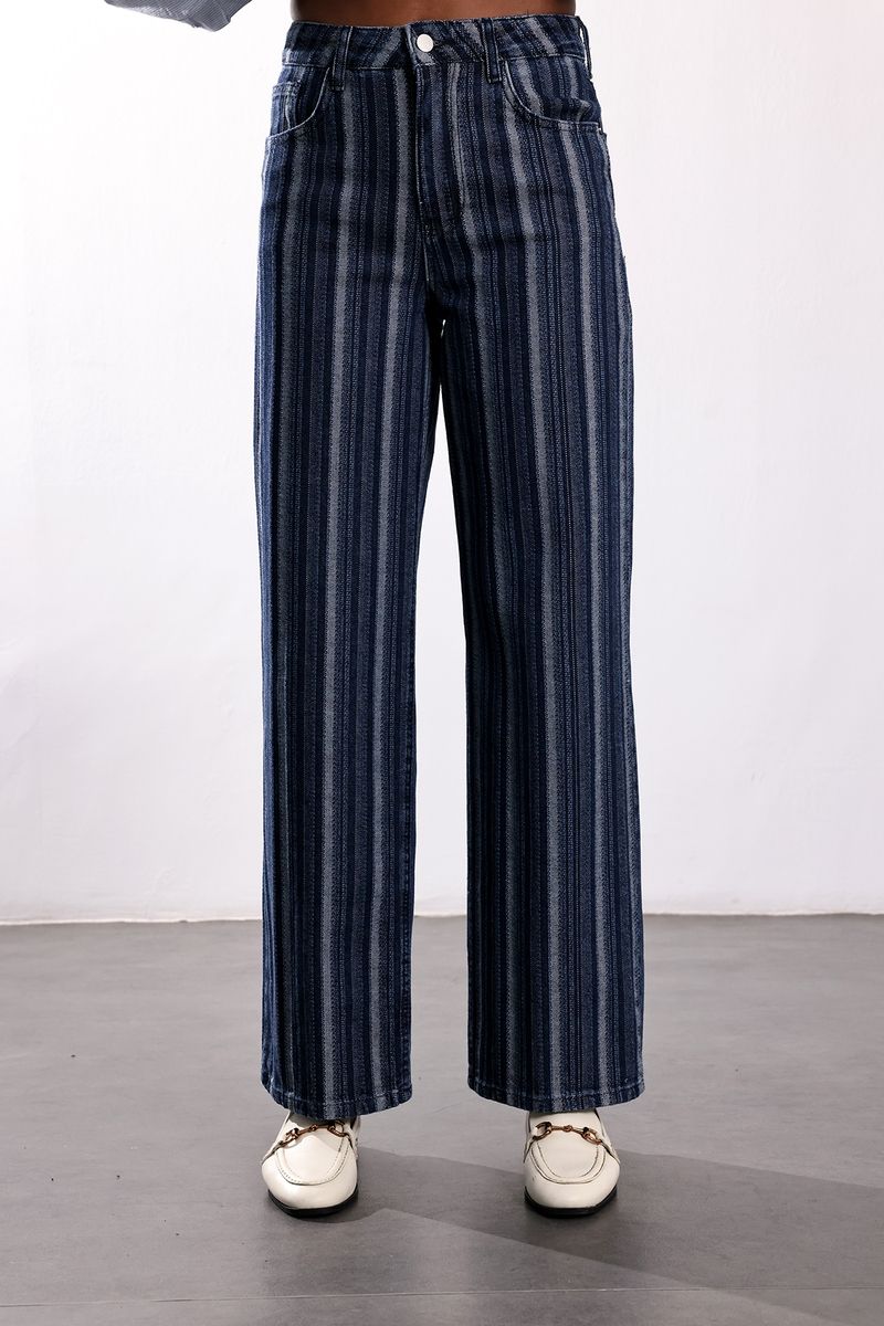 Lacivert Çizgili Düz Kesim Jean 011071