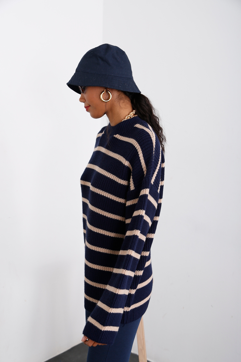 Lacivert Çizgili Oversize Kazak 13398