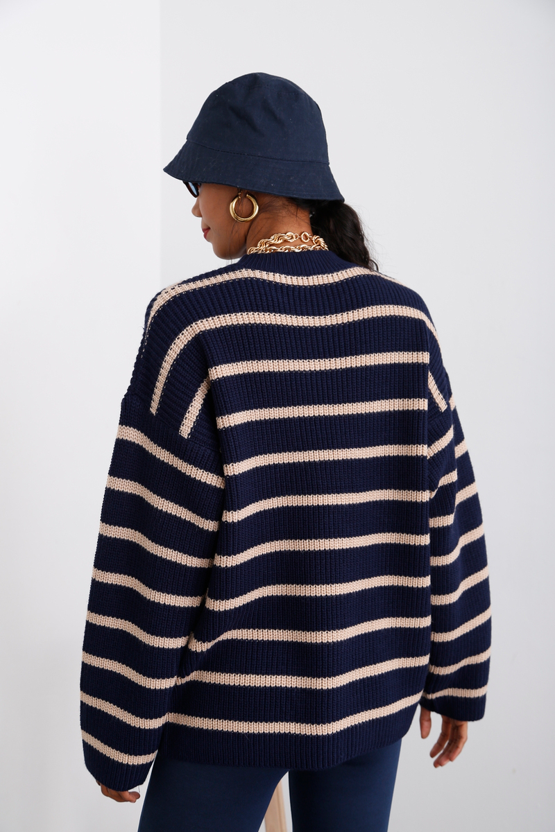 Lacivert Çizgili Oversize Kazak 13398