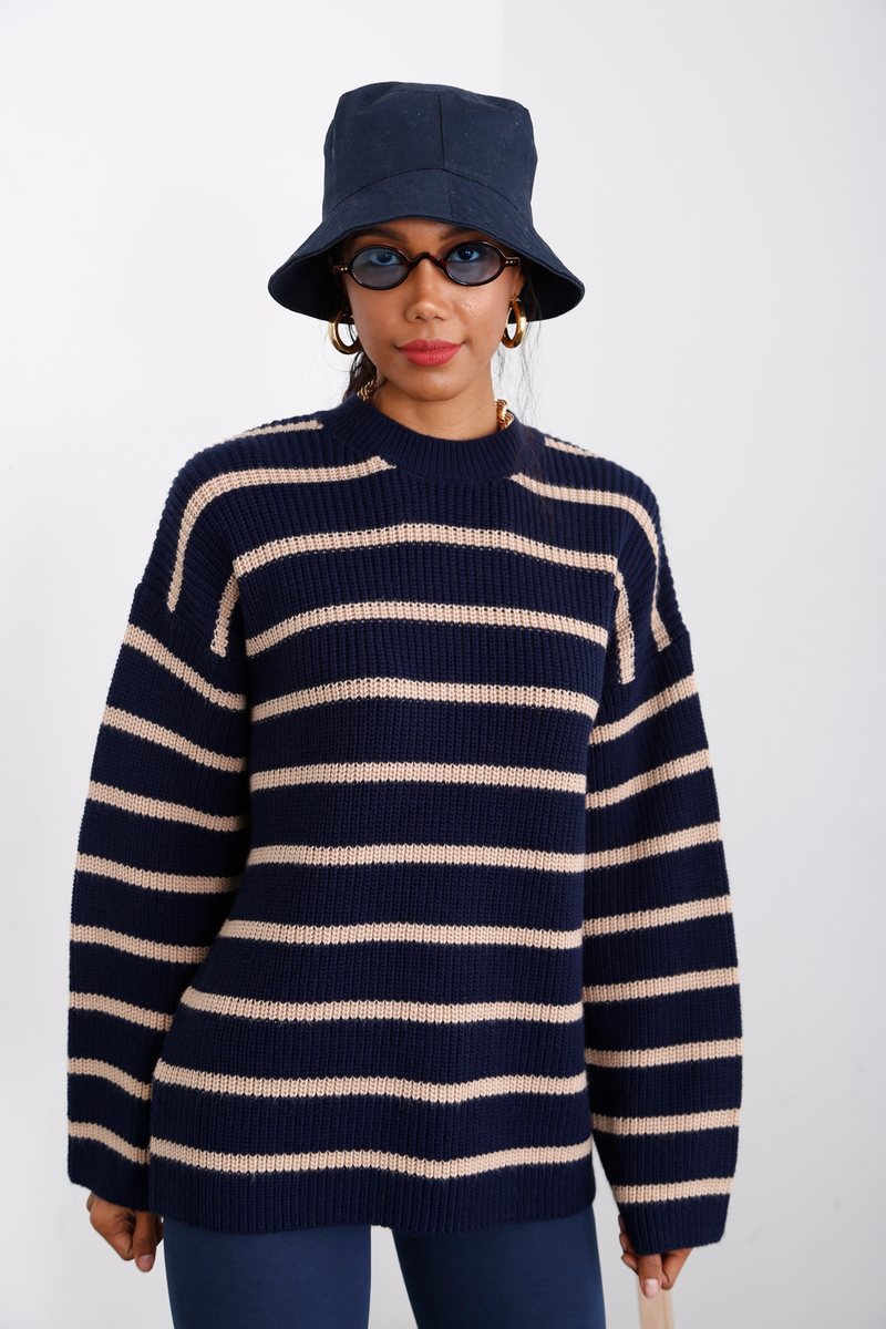 Lacivert Çizgili Oversize Kazak 13398
