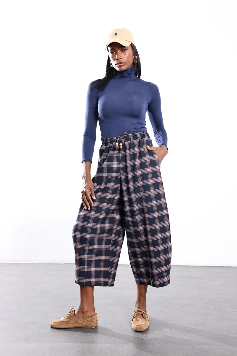 Lacivert Ekose Barrel Pantolon 51486
