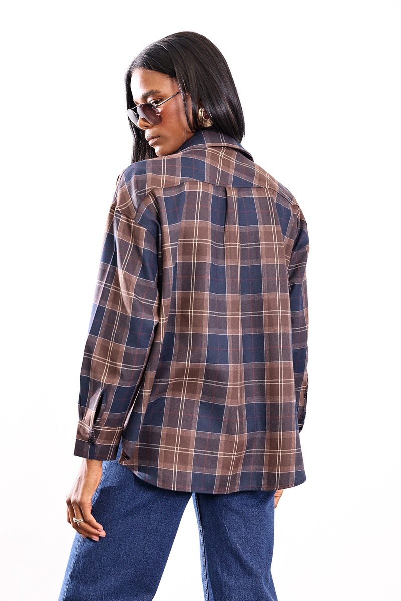 Lacivert Ekose Desen Oversize Gömlek 6648