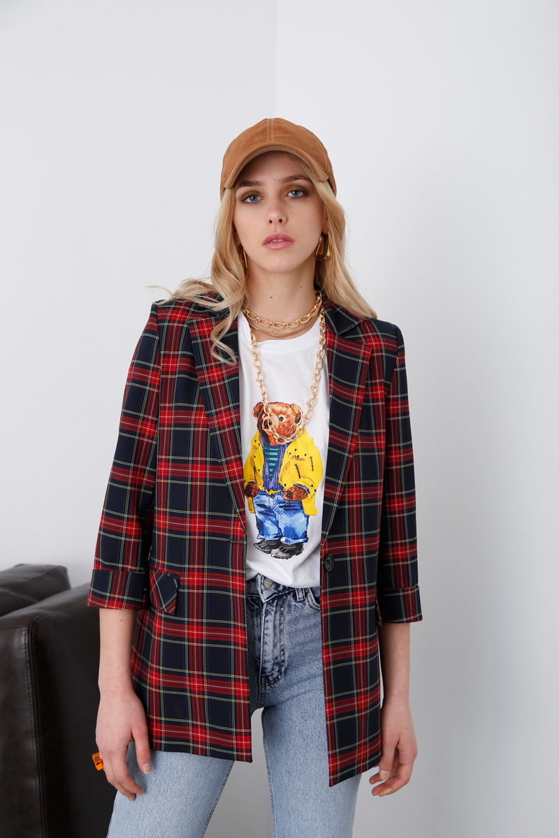 Lacivert Ekoseli Blazer Ceket 4176