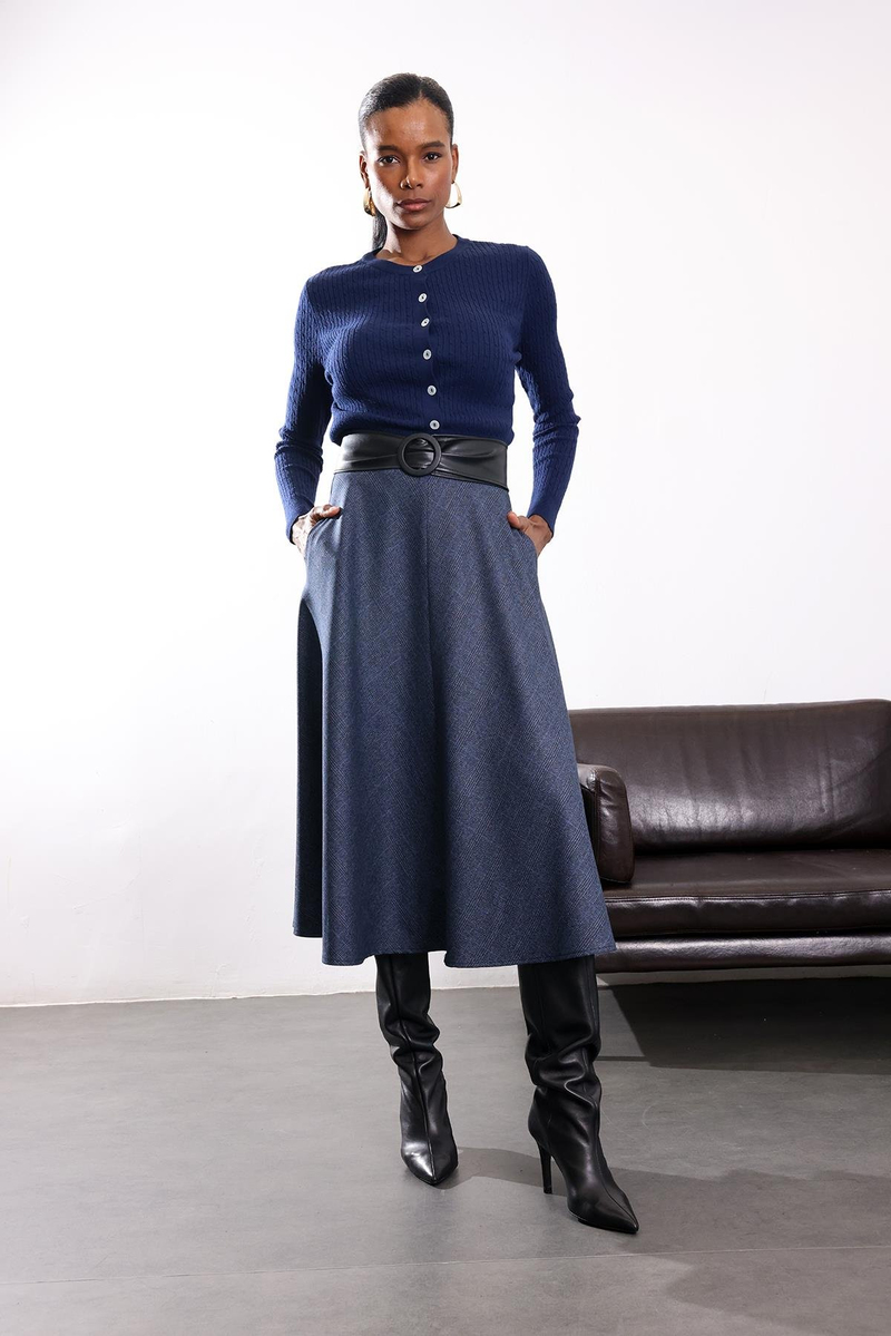 Lacivert Ekoseli Midi Etek 00183