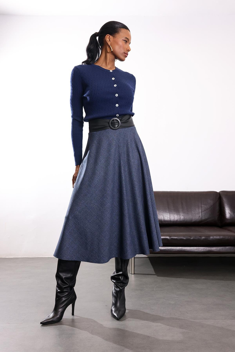 Lacivert Ekoseli Midi Etek 00183