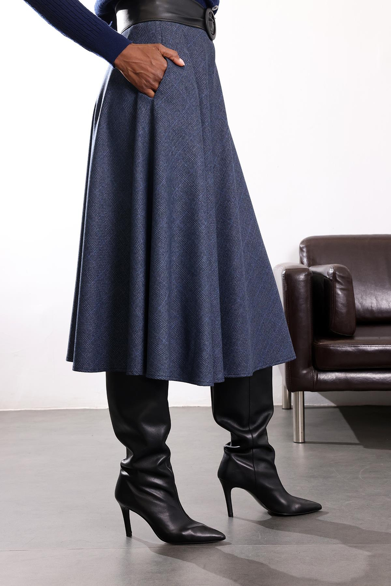 Lacivert Ekoseli Midi Etek 00183