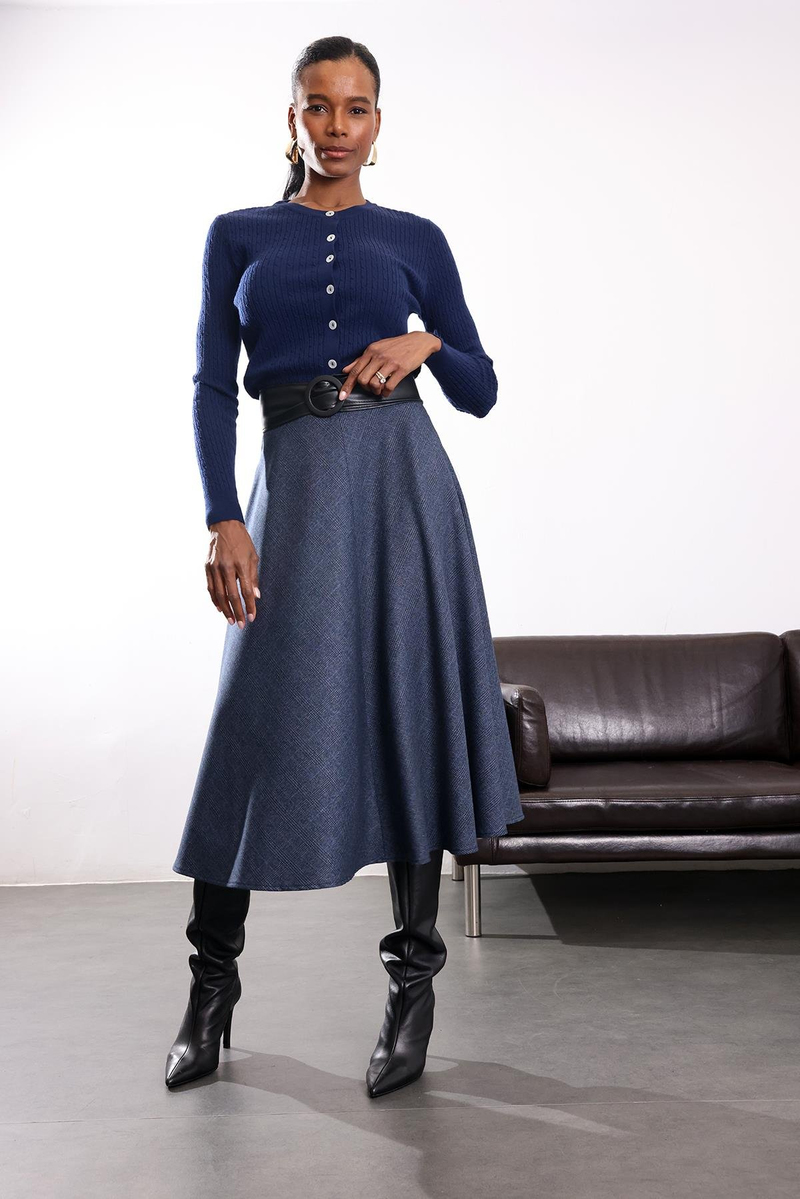 Lacivert Ekoseli Midi Etek 00183