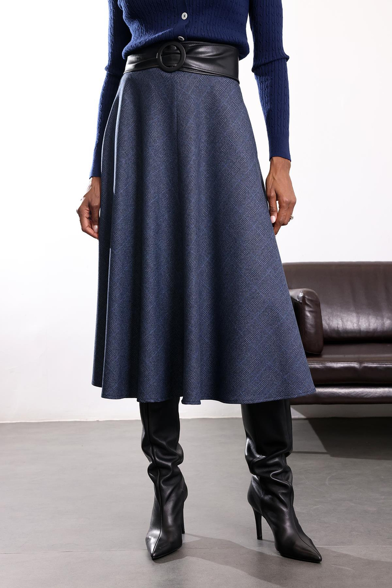 Lacivert Ekoseli Midi Etek 00183