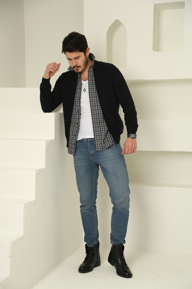 Lacivert Erkek Fermuarlı Düz Hırka T1131