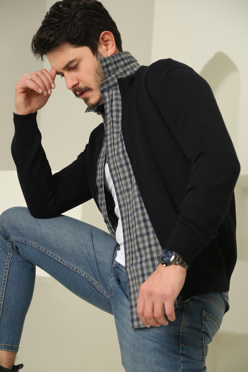 Lacivert Erkek Fermuarlı Düz Hırka T1131