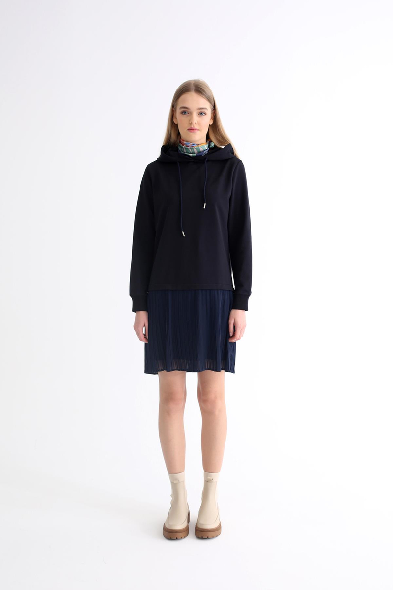 Lacivert Etek Ucu Tül Detaylı Sweatshirt Elbise 22225