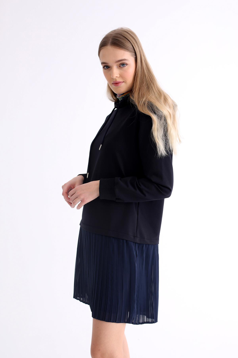 Lacivert Etek Ucu Tül Detaylı Sweatshirt Elbise 22225