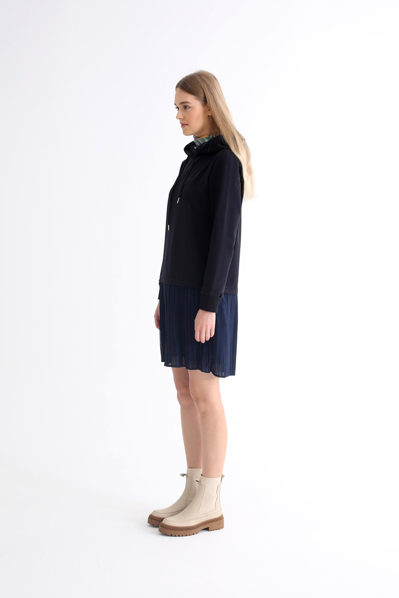 Lacivert Etek Ucu Tül Detaylı Sweatshirt Elbise 22225