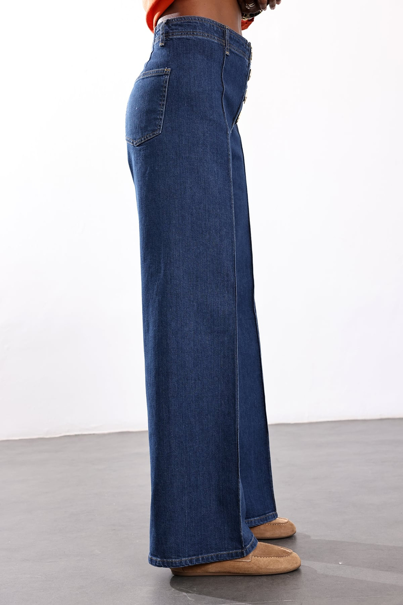 Lacivert Gold Düğme Detaylı Jean 