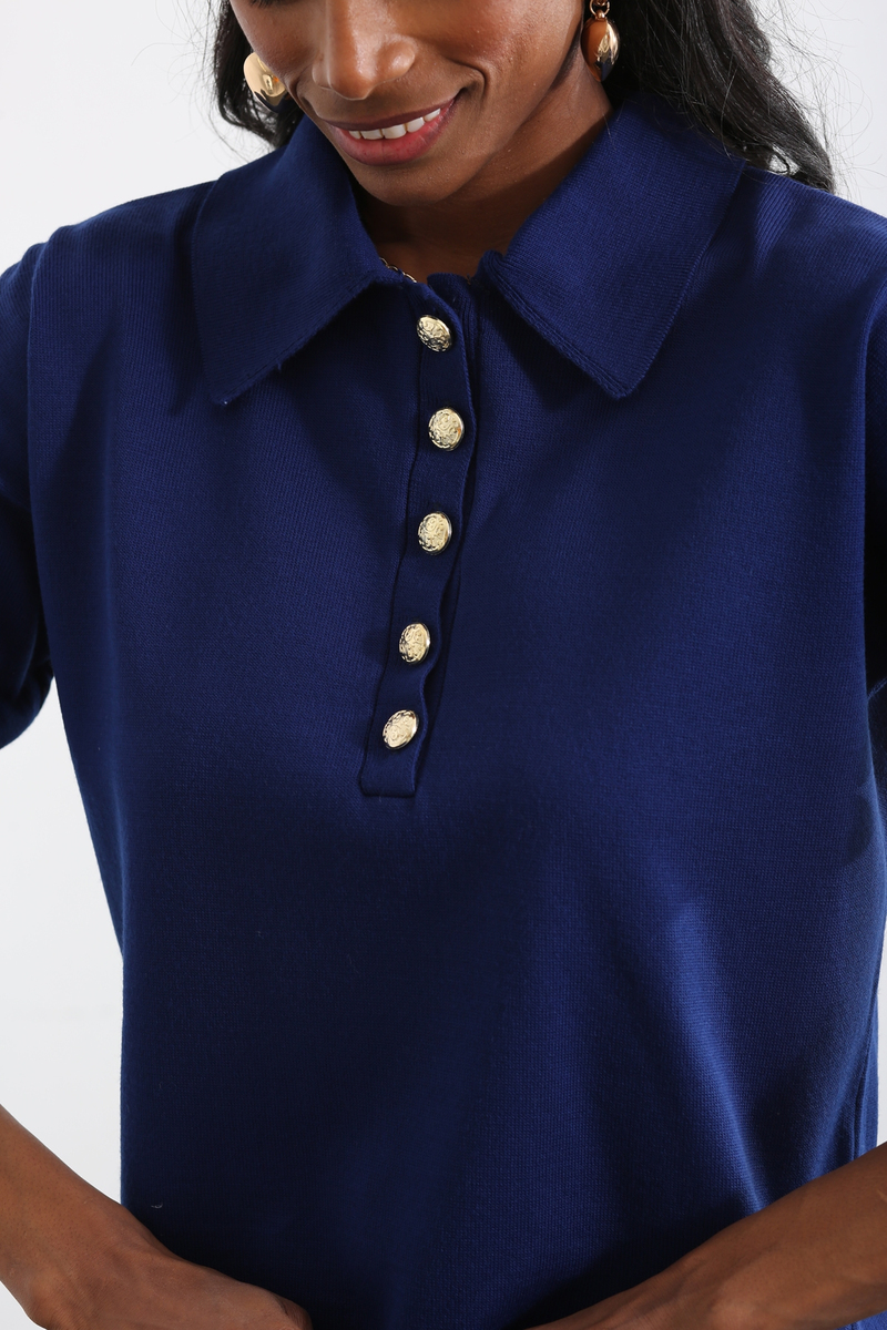 Lacivert Gold Düğmeli Polo Yaka Kazak 05100