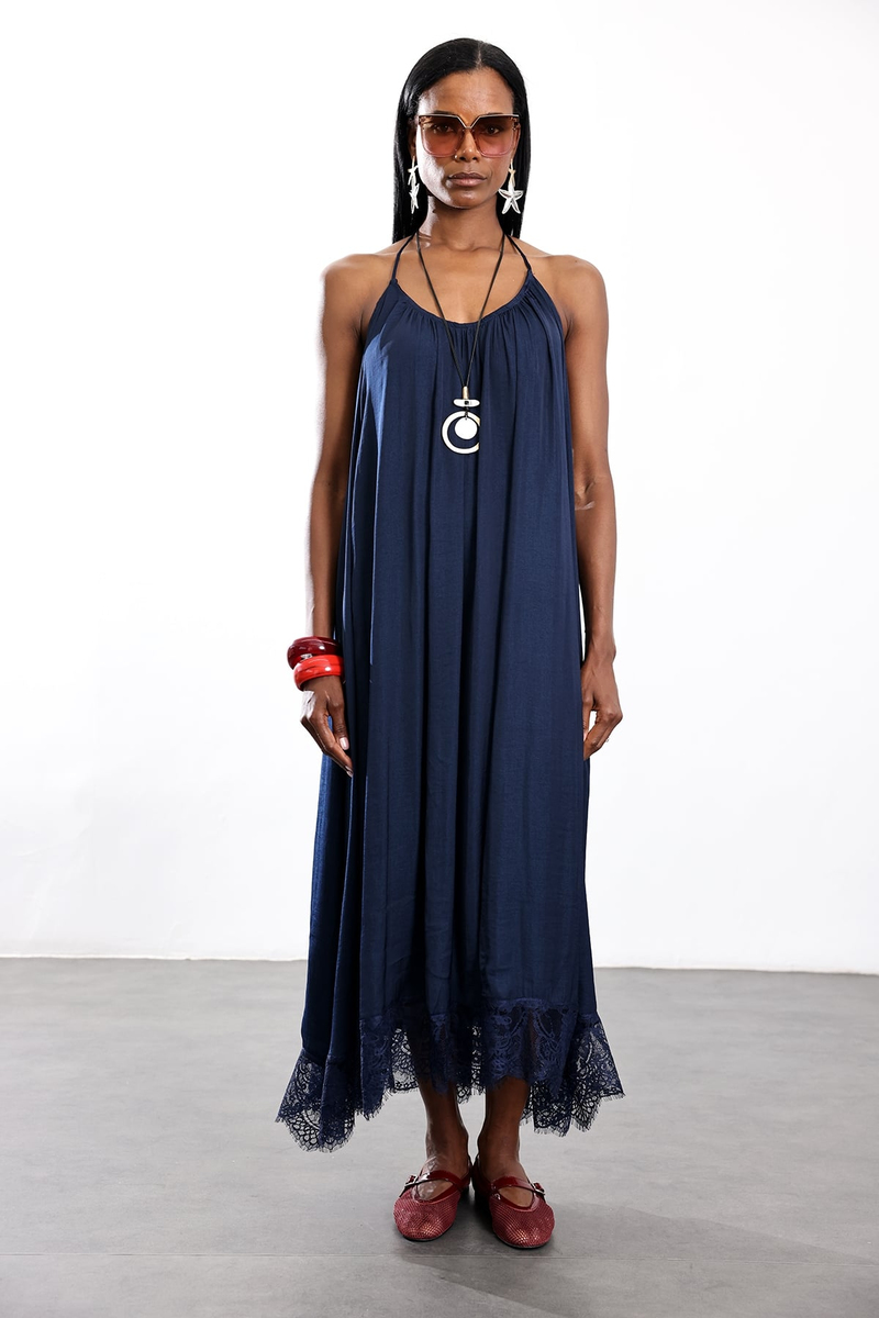 Lacivert Halter Yaka Maxi Elbise 17590