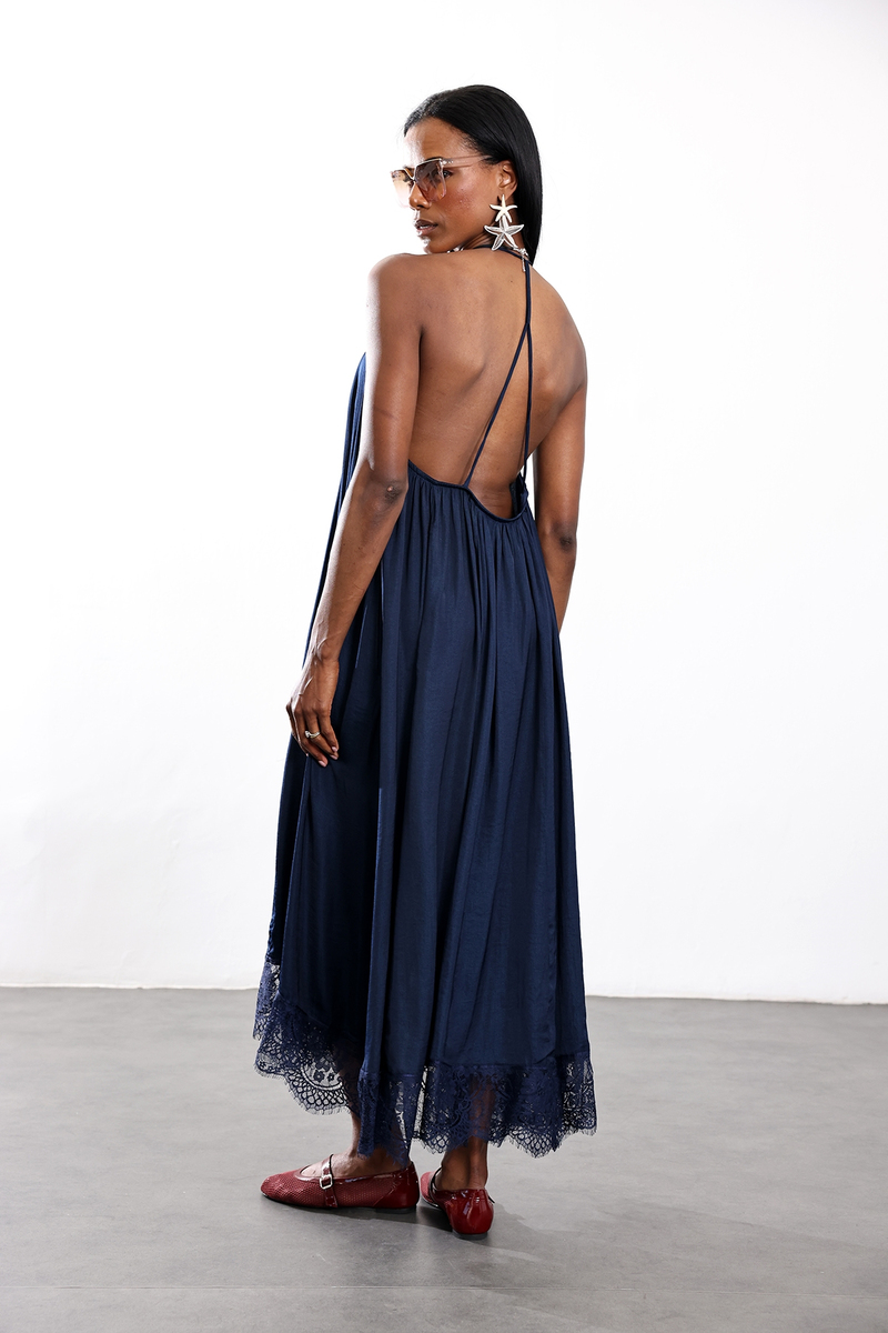 Lacivert Halter Yaka Maxi Elbise 17590