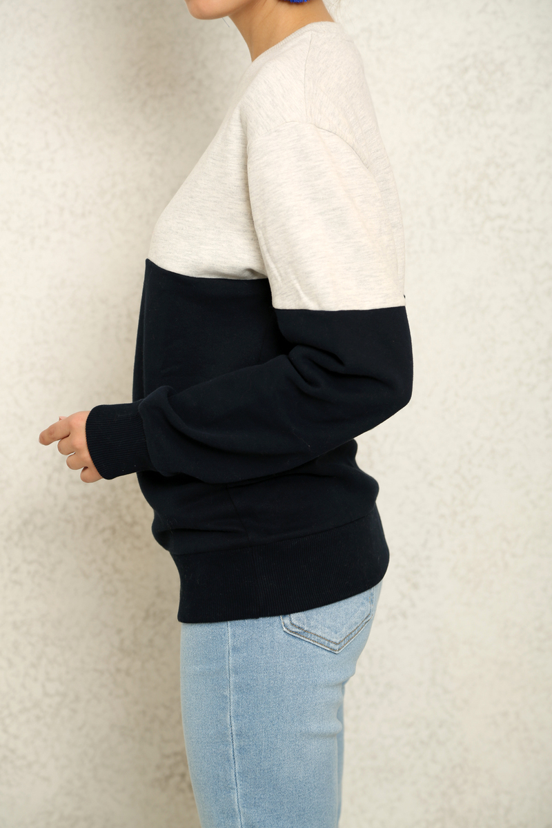 Lacivert İki Renk Bisiklet Yaka Sweatshirt