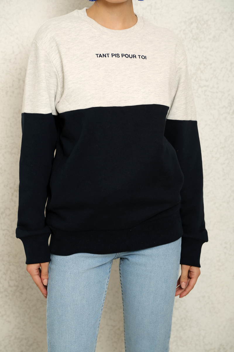 Lacivert İki Renk Bisiklet Yaka Sweatshirt
