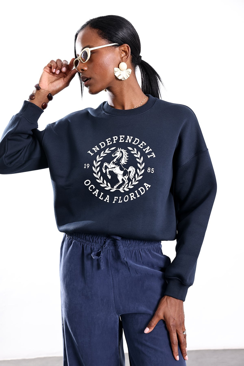 Lacivert Independent Ocala Florida Baskılı Sweatshirt 02839