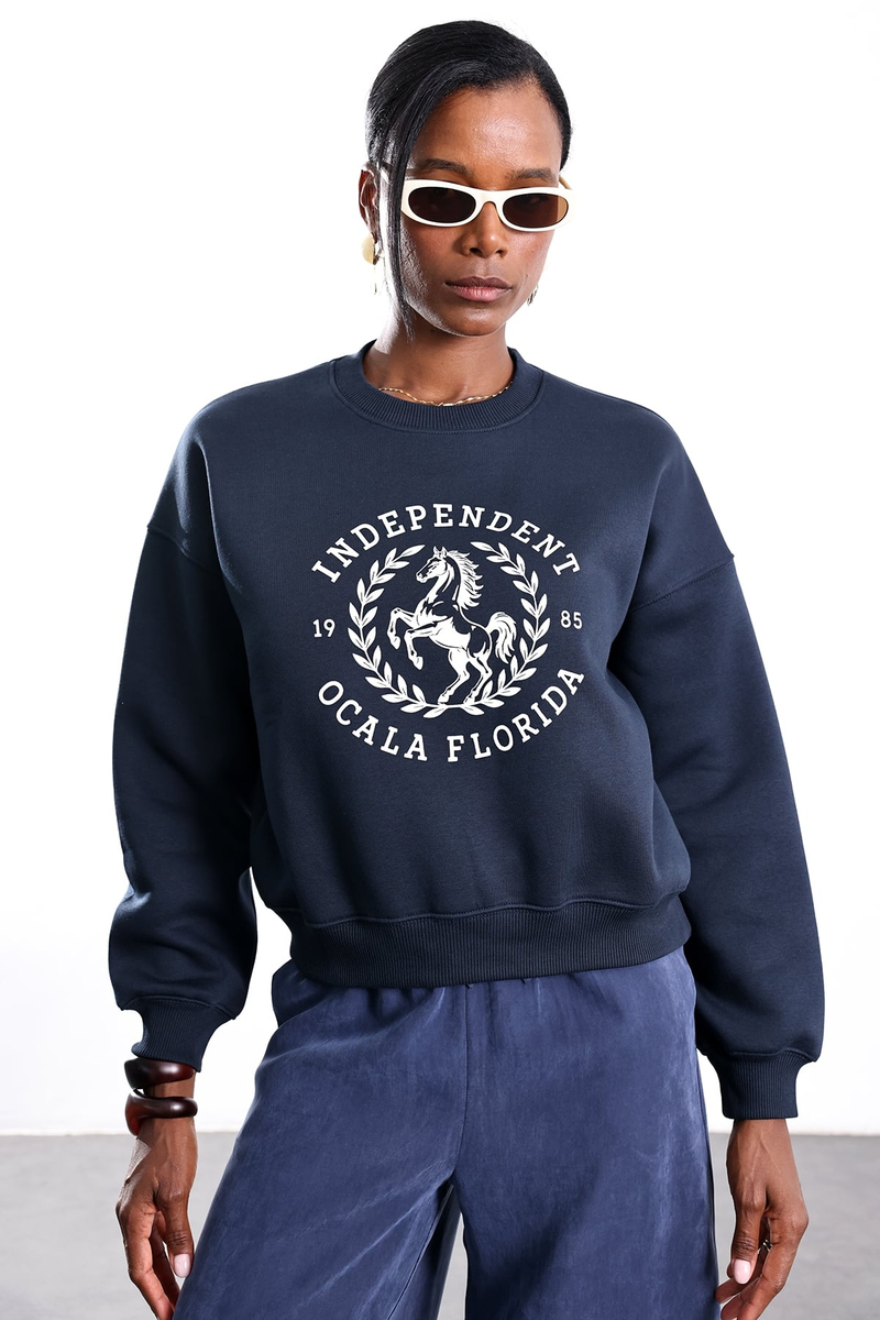 Lacivert Independent Ocala Florida Baskılı Sweatshirt 02839