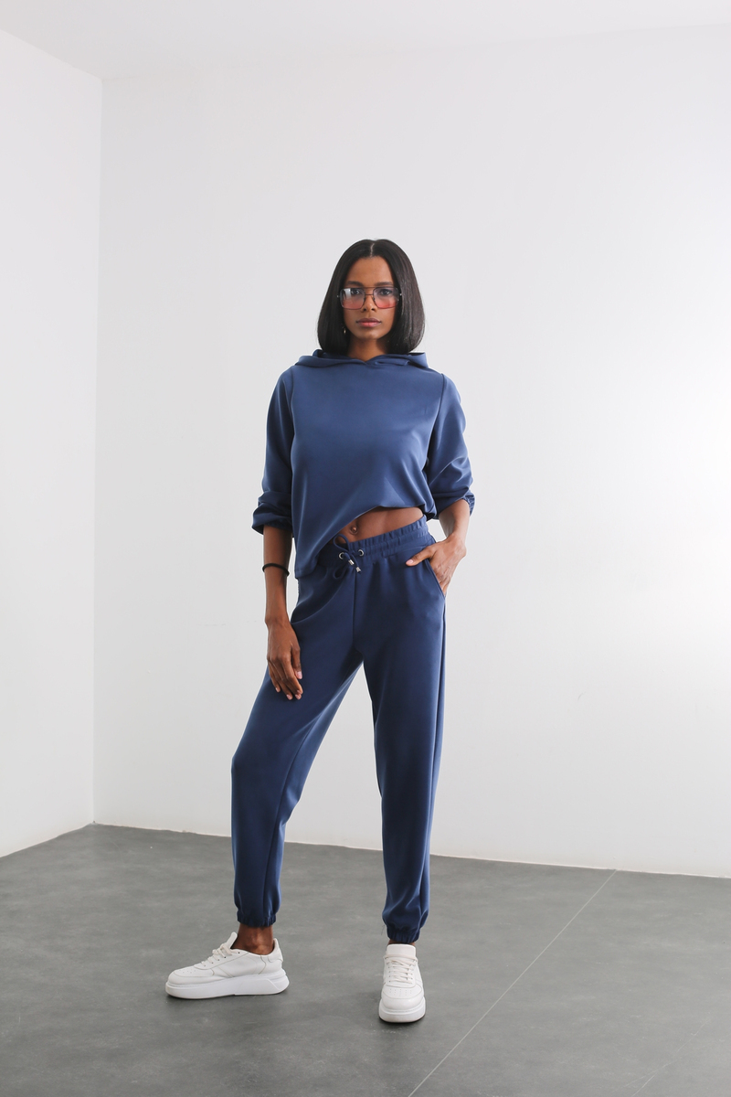 Lacivert Kapüşonlu Modal Sweatshirt Takım 