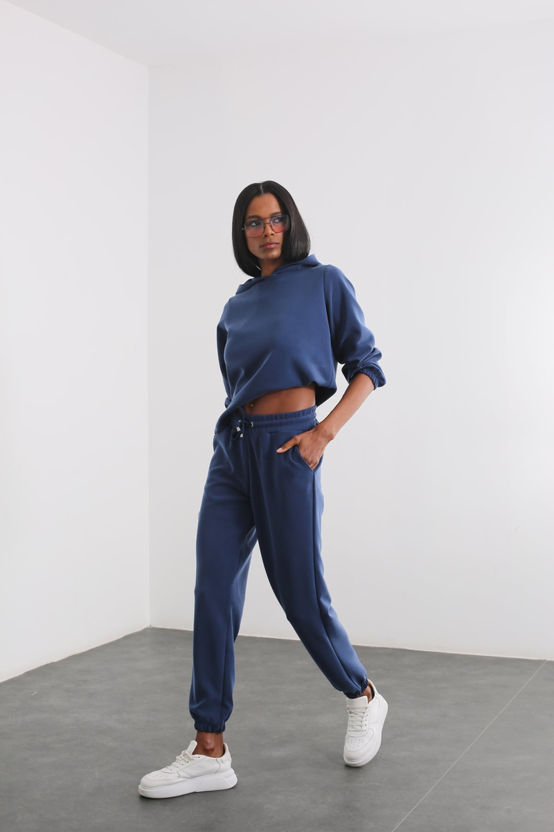 Lacivert Kapüşonlu Modal Sweatshirt Takım 