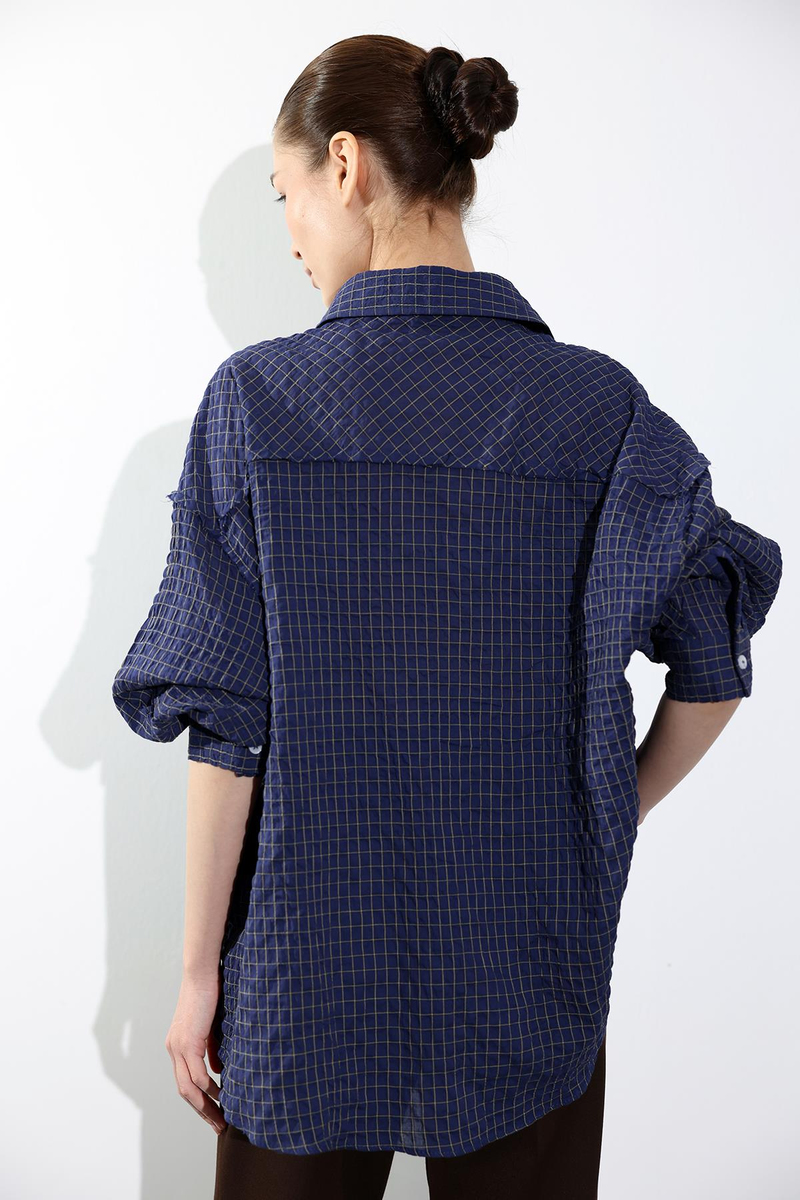 Lacivert Kareli Oversize Gömlek 5004