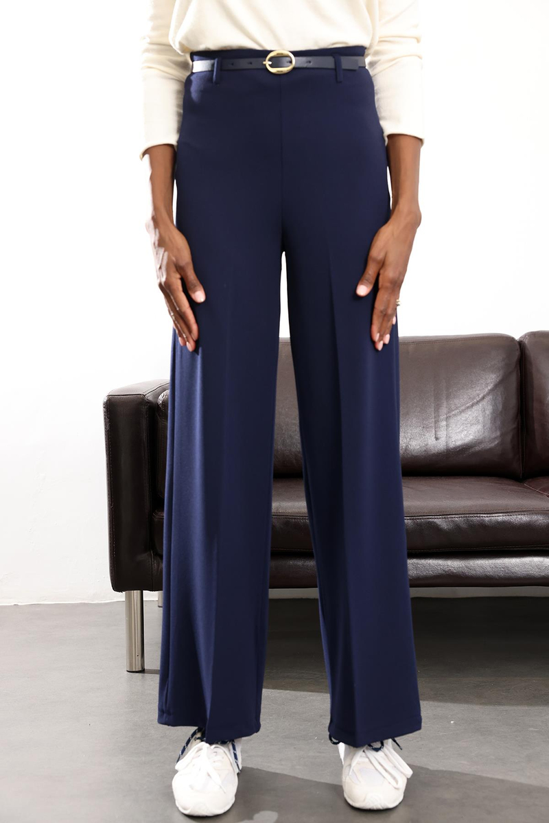 Lacivert Kemerli Likralı Palazzo Pantolon 9150