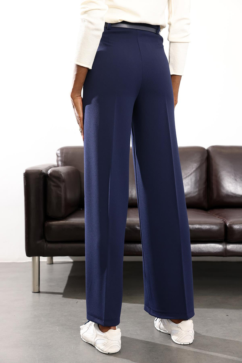 Lacivert Kemerli Likralı Palazzo Pantolon 9150