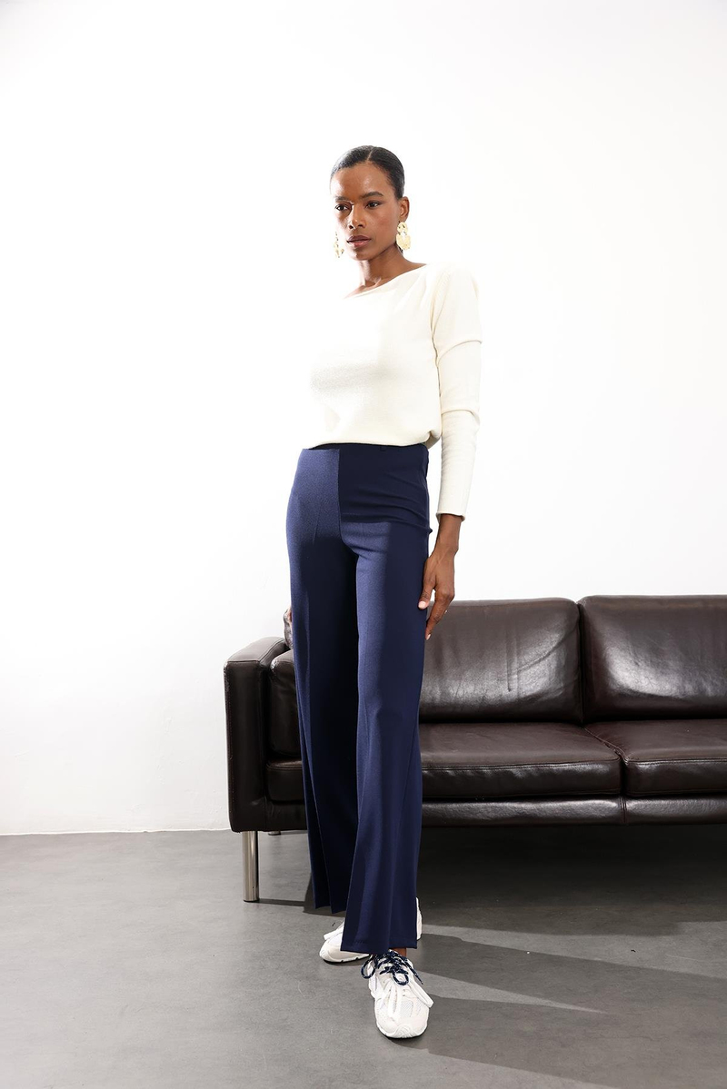 Lacivert Kemerli Likralı Palazzo Pantolon 9150