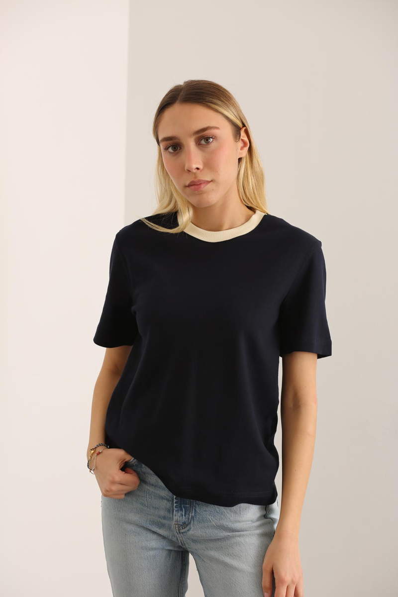 Lacivert Kontrast Basic Tshirt 