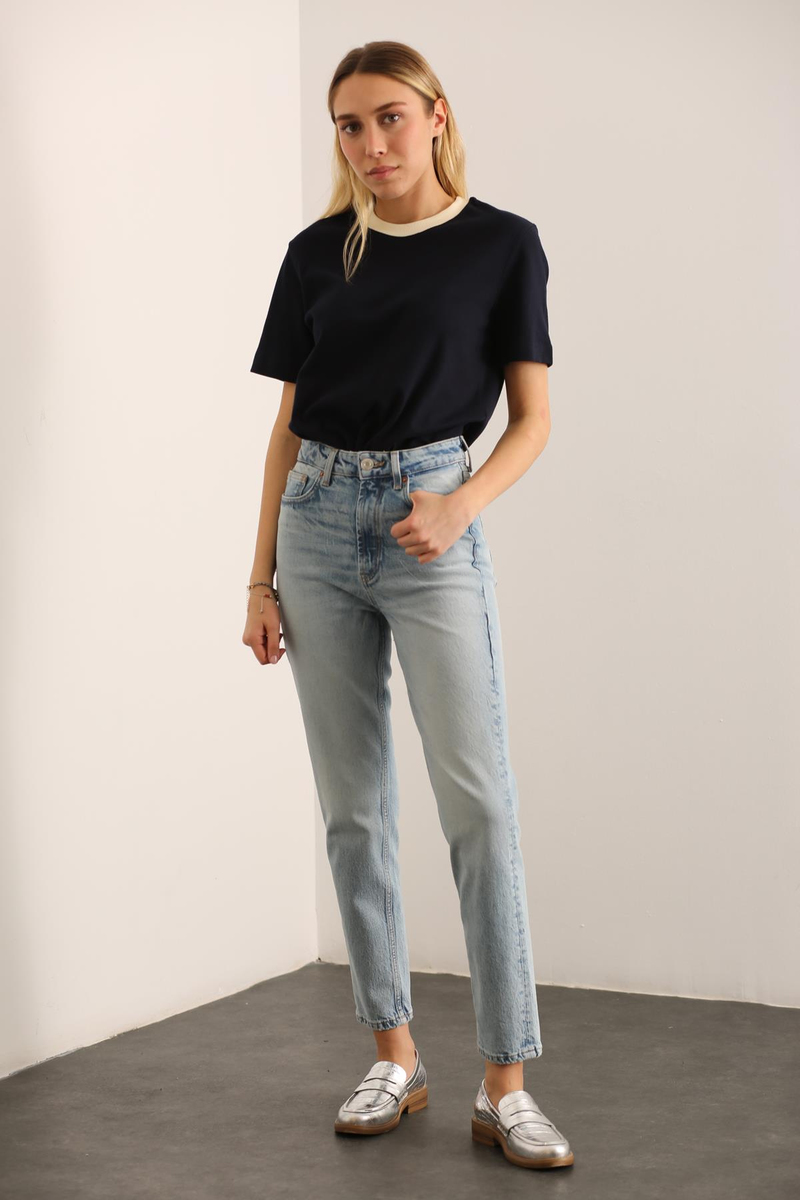 Lacivert Kontrast Basic Tshirt 