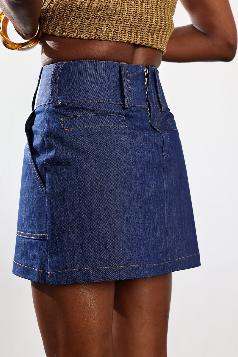 Lacivert Kontrast Dikişli Pileli Denim Etek 4531
