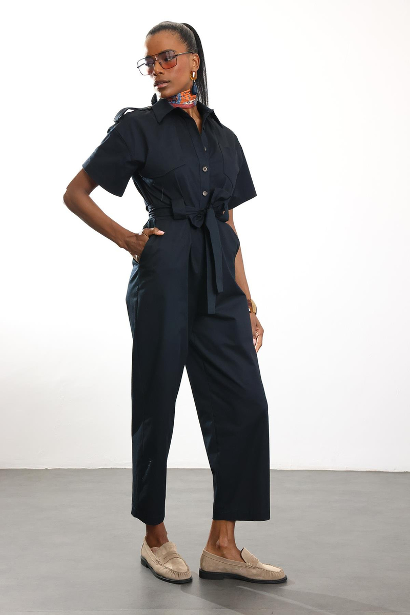 Lacivert Kuşaklı Önü Düğmeli Tulum 9535