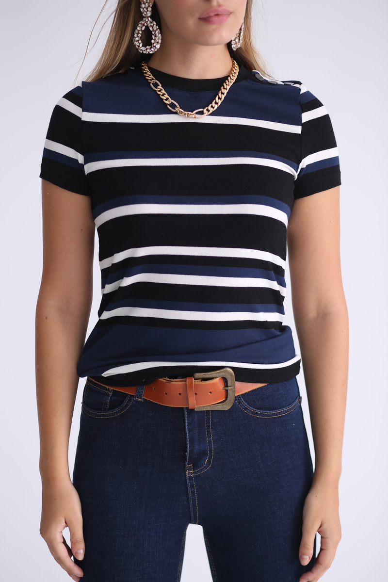Lacivert Omzu  Düğme Detaylı Tshirt 