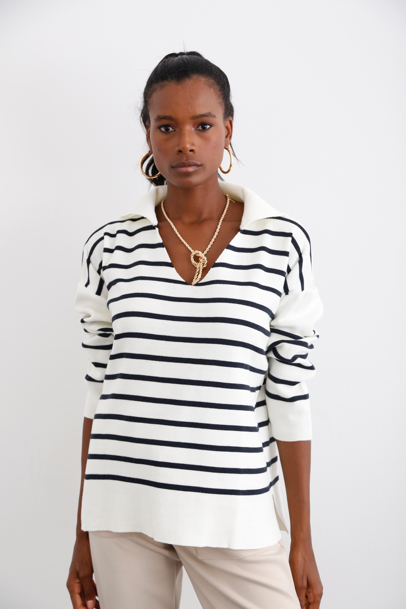 Lacivert Polo Yaka Çizgili Triko 0540