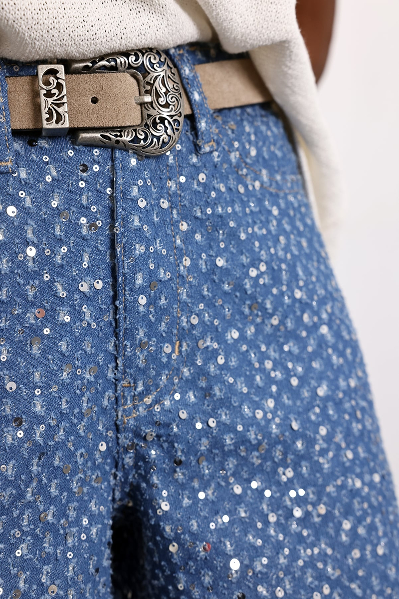 Lacivert Pullu Denim Şort 