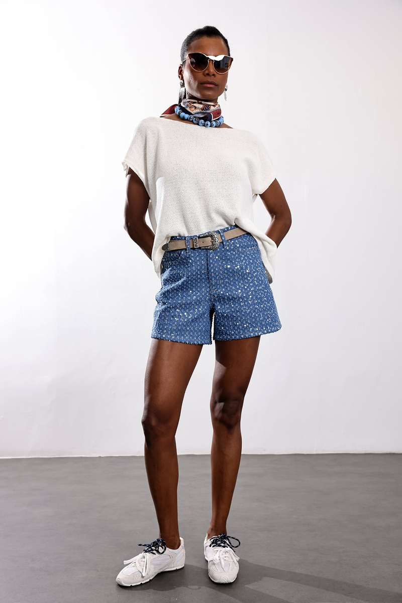 Lacivert Pullu Denim Şort 