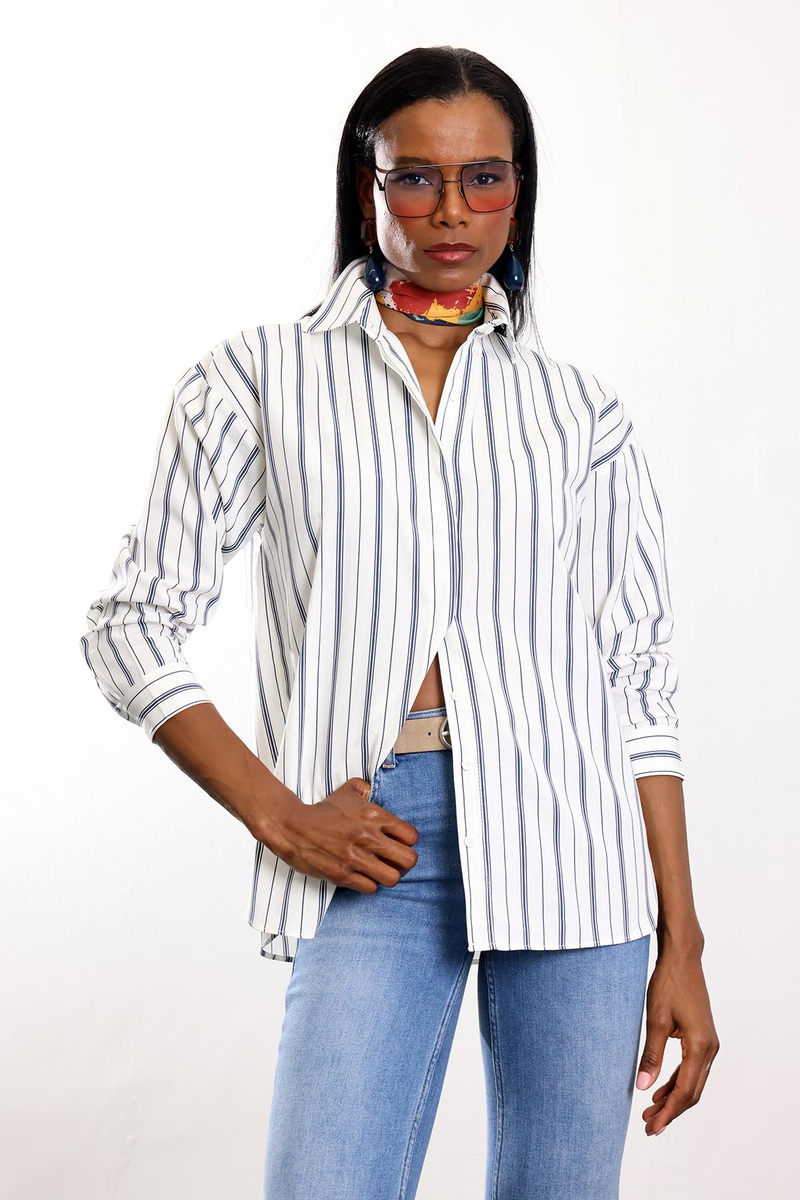 Lacivert Regular Fit Çizgili Gömlek 