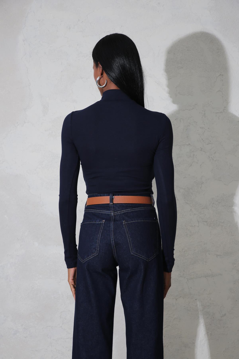 Lacivert Soft Touch Bambu Dik Yaka Tişört 