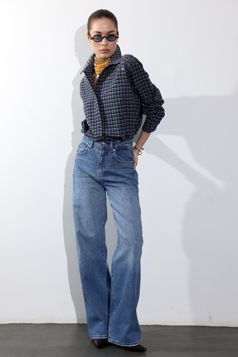 Lacivert Taş İşlemeli Kareli Gömlek 2688