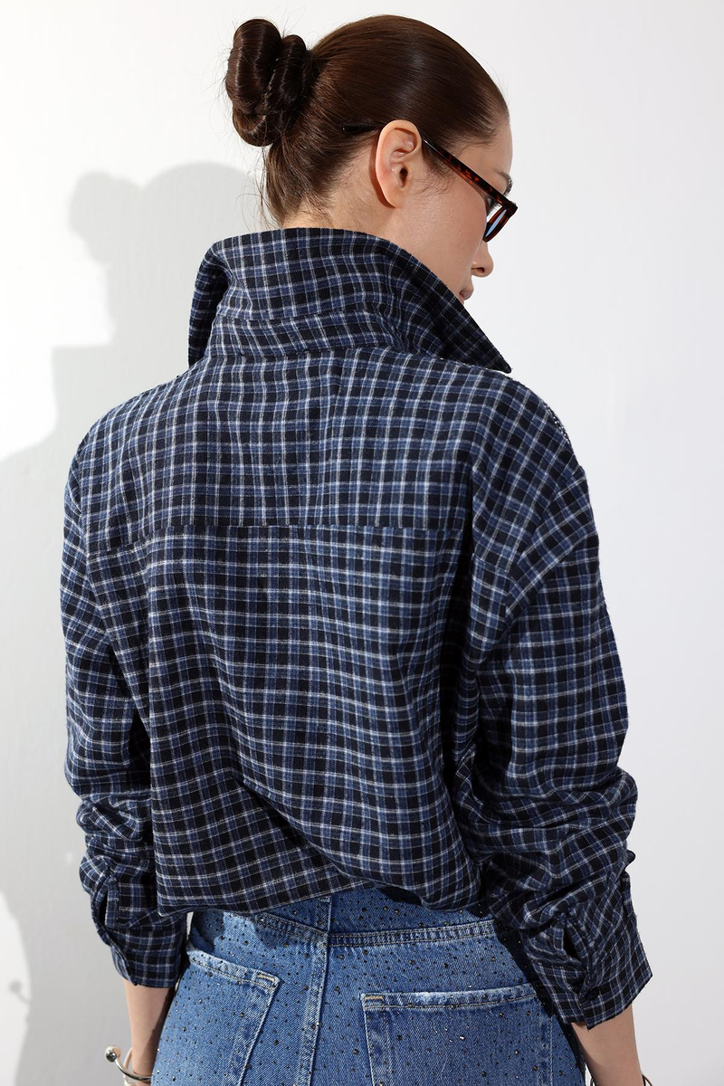 Lacivert Taş İşlemeli Kareli Gömlek 2688