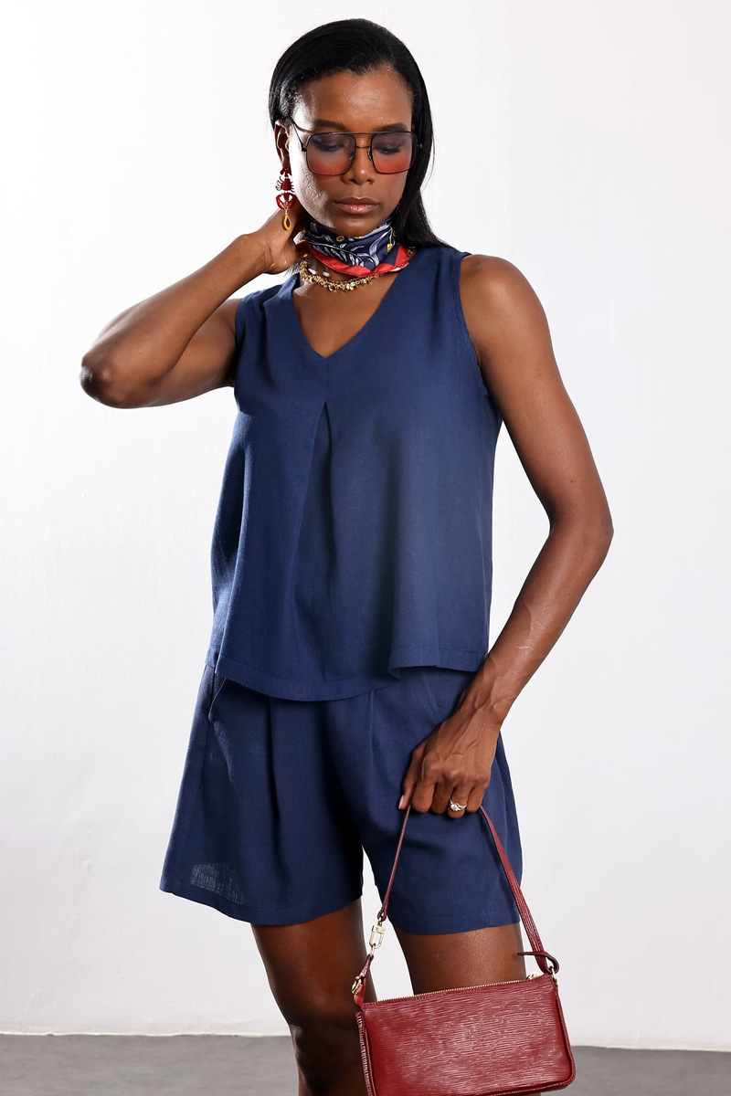 Lacivert V Yaka Bluz 30068