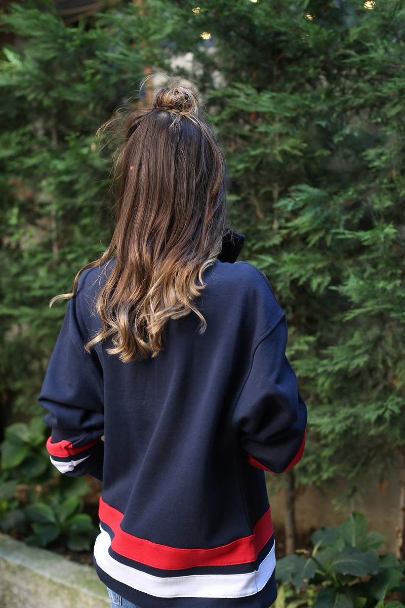 Lacivert Yakası Fermuarlı USA Sweatshirt