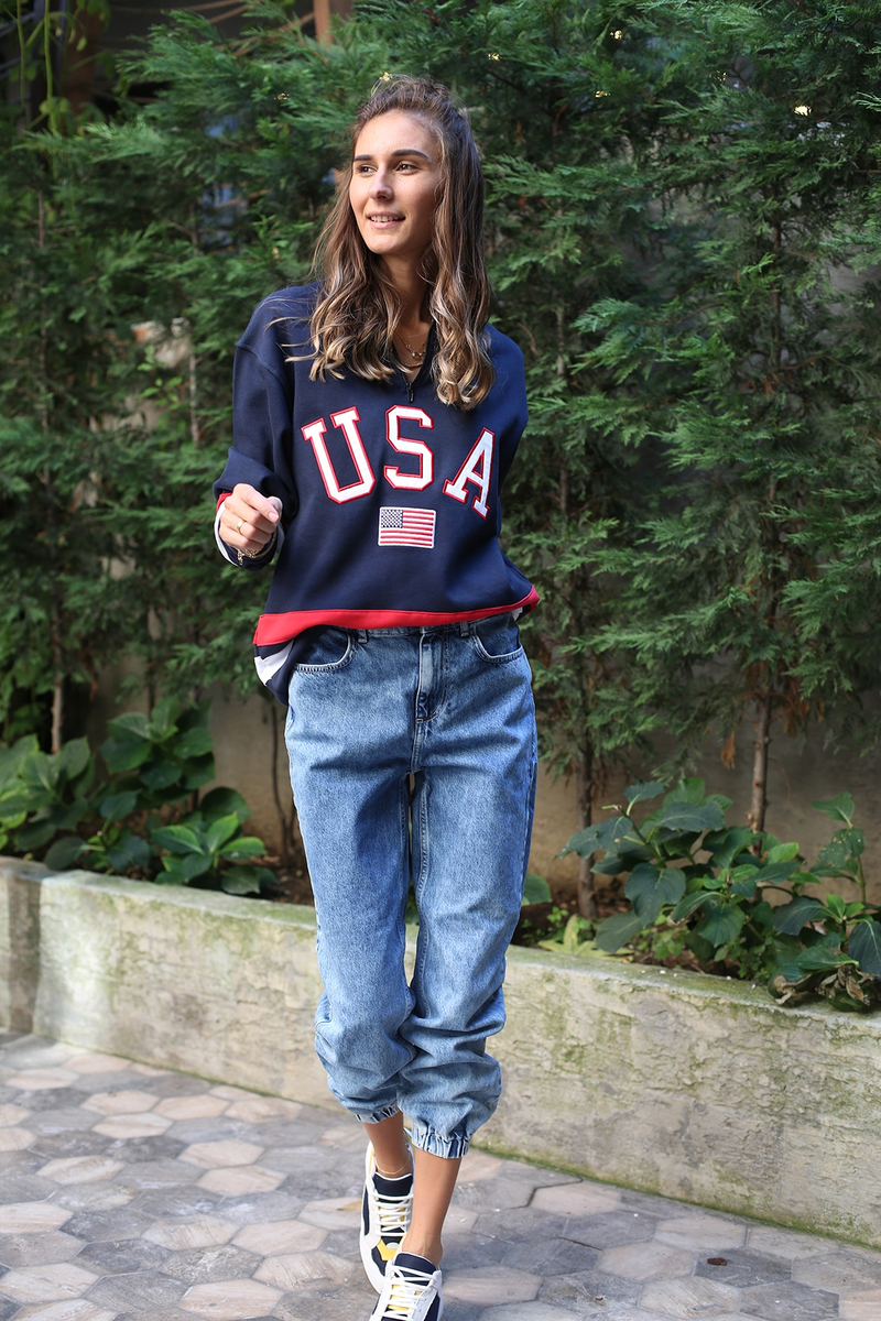 Lacivert Yakası Fermuarlı USA Sweatshirt