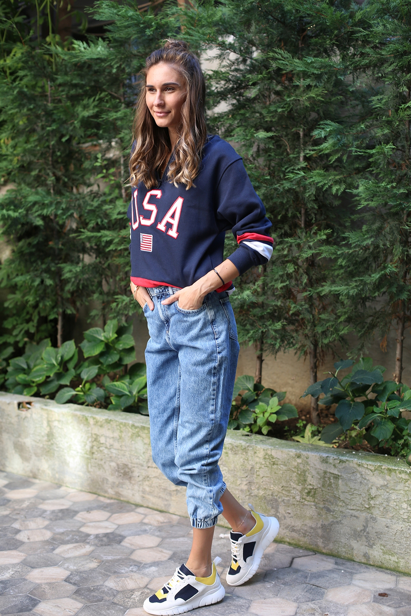 Lacivert Yakası Fermuarlı USA Sweatshirt