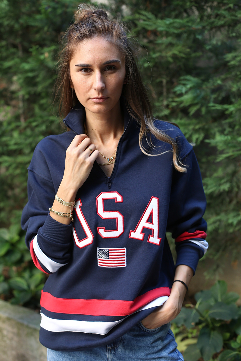 Lacivert Yakası Fermuarlı USA Sweatshirt
