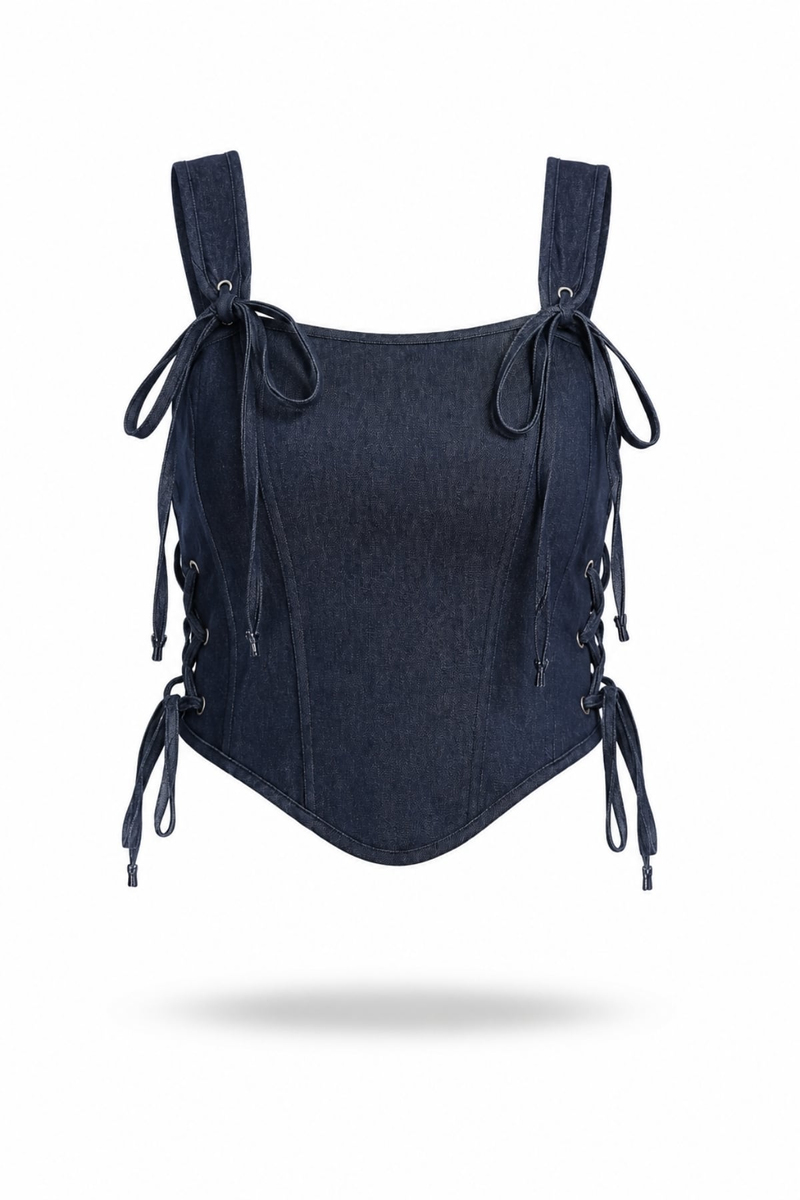 Lacivert Yanları Bağlamalı Denim Büstiyer 5649